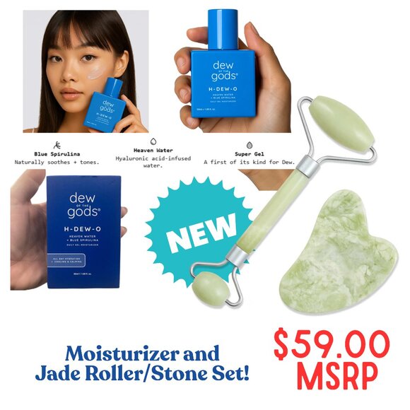 DEW OF THE GODS H-DEW-O Blue Spirulina Gel Moisturizer + Jade Roller | Stone NEW - Picture 2 of 10